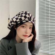 Plaid Berets Women Trendy Harajuku Design Popular Hats Spring Femme College  Vintage Leisure Streetwear Cozy Ulzzang Elegant New