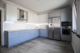 There is a large kitchen island in the middle which provides much preparation surface, and is topped with gray soapstone. Blue And White Kitchen Interior Stock Image Image Of Table Brown 113815147