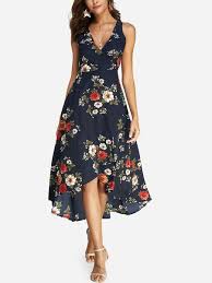 Navy Lace Up Design Random Floral Print V Neck Sleeveless Dresses Us 21 99 Yoins Dresses Cute Dresses Fashion
