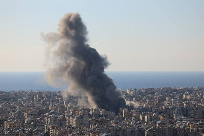 Smoke plume following military strikes along coastal Middle East transit points, AI generated