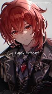 qi2341, diluc (genshin impact), genshin impact, highres, 1boy, ahoge,  birthday, black jacket, closed mouth, crossed arms, gloves, grey  background, hair between eyes, happy birthday, jacket, long hair, long  sleeves, male focus, red