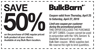 Not only are bulk barn stores great ways to find a deal on popular foods, but you can try your hand at various contests. Bulk Barn Bulk Barn 50 Off One Item Is Back Apr 25 27 Redflagdeals Com Forums