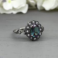Oval Alexandrite Black Rhodium Art Deco Simulated Diamond Vintage Engageme Diamond Engagement Rings Vintage Black Rhodium Engagement Ring Gold Jewelry Earrings