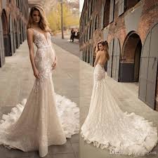 Berta 2018 Plunging Neckline Mermaid Wedding Dress Delicate Sash Appliques Bridal Gowns Sweep Tra Wedding Dresses Backless Wedding Dress Gorgeous Wedding Dress