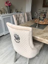 The dining chair is upholstered using thick and durable brushed grey velvet material, and features a quilted back design. 2 X Luxury Mink Velvet Dining Chairs With Chrome Lion Head Door Knocker And Legs Modernfl