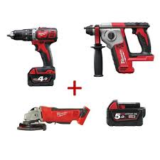 Product features & specs : Kit M18 Cordless Drill Rotary Hammer Angle Grinder 115mm Battery 5 0ah Milwaukee