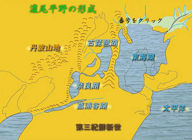 鮮新世における地層と古湖の配置想像図（AI 生成）