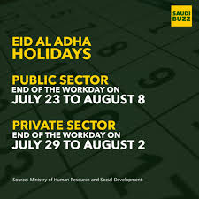 Saudi arabia announces eid holidays for public and private sectors source: Saudi Buzz Saudi Arabia Announces Eid Al Adha Holidays Facebook