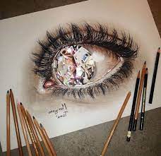 We start by drawing the outline of the eyelids, followed by the iris and surface of the eye, finishing with the eyebrows, eye lashes and the surrounding shading that pulls everything together. Large Diamond Inside An Eye Cool Easy Drawings 3d Art Coloured Pencils White Background Cool Drawings Eye Art Eye Drawing