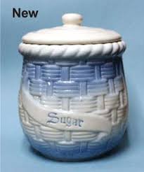 blue and white stoneware kitchen canisters