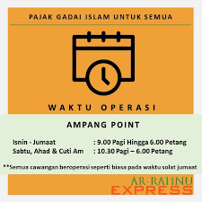 Perkhidmatan kaunter multimedia di aras 3 akan ditutup 15 minit lebih awal daripada waktu perkhidmatan kaunter utama dan perpustakaan. Waktu Operasi Semua Cawangan Ar Rahnu Ar Rahnu Express Facebook