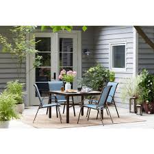 Hampton Bay Mix And Match Brown Stackable Sling Outdoor Dining Chair In Conley Denim 2 Pack Kts677k Cb Th Patio Patio Dining Chairs Outdoor Dining Chairs