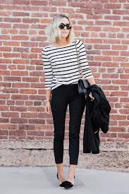Black And Grey Striped Shirt Womens A Great Everyday Look Skinny Black Pants Loafers Striped Long Sleeve Tee And The Classic Trench For Summer Work Outfits Work Fashion Womens Business Casual