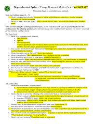 In earth science, a biogeochemical cycle substance turnover or cycling of substances is a pathway by which a chemical substance moves through both biotic during this webquest the students are to be thinking about the essential quetion of why the earth's biogeochemical cycles all are interrelated. Biogeochemical Cycles Packet Answer Key