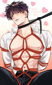 rafayel (love and deepspace), love and deepspace, absurdres, highres, 1boy,  abs, bdsm, black pants, bondage, bound, collared shirt, heart, looking at  viewer, male focus, meta (onipero gm03), open clothes, open shirt, pants,