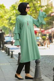 Neva Style Kolu Firfirli Cagla Yesili Tesettur Tunik 52220cy Tesetturisland Com Musluman Elbisesi Tunik Basortusu