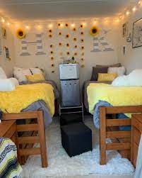 Sunflower Dorm Room With Fairy Lights Sunflower Bedroom Roomdecor Yellowbedroom Yellow D College Dorm Room Decor College Bedroom Decor Dorm Room Designs