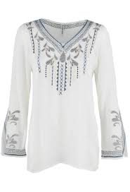 Monoreno Long Sleeve Embroidered V Neck Top