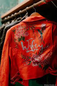 Bright And Bold Wedding Day Leather Jacket Calligraphy And Painted Detailing For The Bride Brianna Bro Painted Leather Jacket Leather Wedding Wedding Jacket
