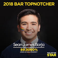 Congratulations, Sean James! Ateneo Law School class of 2018 valedictorian  Sean James Borja clinched the top spot in the 2018 bar exams with a score  of 89.3060%, besting 1,799 other passers. #Bar2018