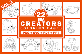 This digital download includes 4 sea creature coloring pages of the squshies pictured above: Sea Animals Coloring Pages Volume 2 Graphic By Fayne Creative Fabrica