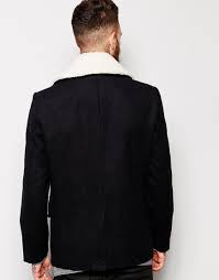 Asos Wool Peacoat With Borg Collar In Navy Blue For Men Lyst