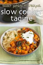 Sweet Potato And Chickpea Slow Cooker Tagine This Moroccan Stew Couldn T Be Easier Just Throw Vegetarian Slow Cooker Recipes Tagine Recipes Vegetarian Stew