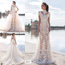 Latest 2017 Stunning Overskirts Wedding Dresses 3d Floral Appliques Lace High Neck Long Sleev Wedding Dresses Backless Bridal Gowns Satin Mermaid Wedding Dress
