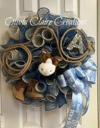Curly Deco Mesh Wreath For Western Style Boys Baby Shower Or Baby Boys Nursery Room Baby Boy Wreath Baby Wreath Baby Boy Room Nursery