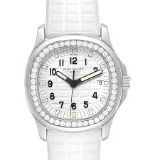 The patek philippe aquanaut is a timepiece of refined creativity complemented with technical perfection. Patek Philippe Aquanaut White Dial Diamond Ladies Watch 5067 Swisswatchexpo