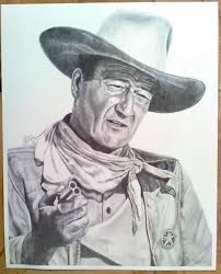 John Wayne pencil drawing holding derringer The Cowboys