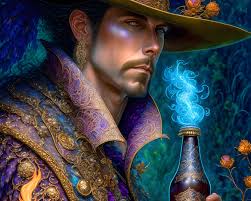 Renaissance man with potion bottle and golden crown in blue foliage