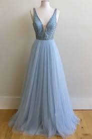 Light Blue Tulle Sequins Beaded V Neck A Line Long Evening Dresses Light Blue Prom Dress Light Blue Prom Dress Long Prom Dresses Blue