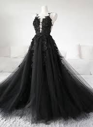 Unique Black Tulle V Neck Sheer Back Lace Applique Evening Dress Formal Dress D 021 Black Wedding Gowns Black Evening Dresses Black Ball Gown