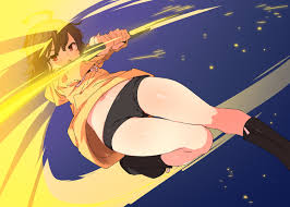 petenshi (dr. vermilion), linne (under night in-birth), under night  in-birth, 1girl, boots, brown hair, holding, holding sword, holding weapon,  looking at viewer, navel, open mouth, red eyes, shorts, solo, sword, weapon  -