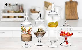 Many come with compatible lids to keep contents fresh, while others come with display stands for upscale presentations. Amazon Com Mygift Set Of 4 Large Classic Clear Glass Lid Apothecary Jars Candy Buffet Wedding Centerpiece Home Home Kitchen