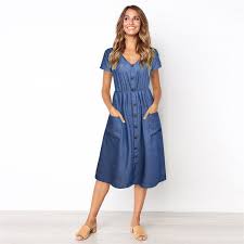 Womens Summer Casual Midi Dress Ladies Short Sleeve V Neck Pocket Sun Dress Casual Summer Dresses Denim Dress Midi Dress Casual