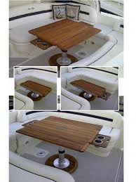 Nt21 Teak Hi Lo Table With Fold Outs Retractable Cup Holders And Compass Rose Inlay Boat Table Boat Accessories Folding Boat