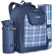 The mister alfresco picnic backpacks take the wine bottle compartment to a new level by having two of them attached to the side. Vonshef 2 Person Navy Tartan Picnic Backpack Hamper With Cooler Compartment Includes Tableware Fleece Picnic Blanket A Picnic Backpack Picnic Bag Fun Bags