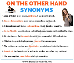 Another Word For On The Other Hand 18 Useful Synonyms For On The Other Hand Transition Words Transition Words English Writing Skills Writing Skills