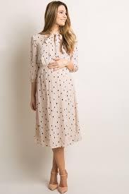 Cream Polka Dot Cutout Tie Maternity Midi Dress Maternity Midi Dress Stylish Maternity Outfits Cute Maternity Outfits