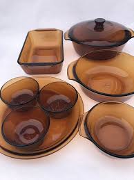 Anchor hocking pie plate glass dish #460 amber/brown made usa 9 holds.75 qt. Vintage Amber Brown Glass Bakeware 9 Piece Set By Anchor Etsy Glass Bakeware Set Glass Bakeware Glass Baking Dish