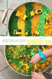 Made in australia from 100% australian ingredients. Australia Day Themed Sensory Play Bin Eucalyptus Scented Construction Site With Dried Rice Pas Australia Crafts Australia Day Craft Preschool Australia Day