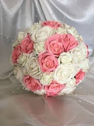 Beautiful flowers for anniversary, birthdays. Arlanas Silk Salmon Rose And Ivory Foam Rose Bouquet With Pearl Strands Foam Roses Rose Bouquet Wedding Flowers