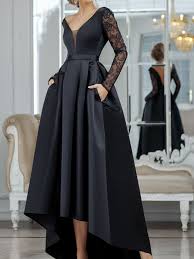 Whatever your style, if you're looking for a wedding outfit that's as unique as you, you've come to the right place. A Line Minimalist Sexy Wedding Guest Formal Evening Dress V Neck Long Sleeve Asymmetrical Lace Satin With Pleats Lace Insert 2021 8130586 2021 159 99