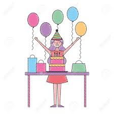 A comic drawing with a contour and a colored silhouette. Happy Woman Celebrating Birthday Cake Gift Balloons Vector Illustration Royalty Free Cliparts Vectors And Stock Illustration Image 97676368