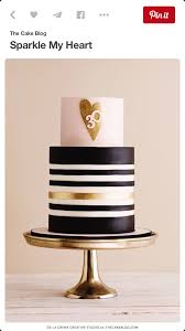 Black And Gold Birthday Cake For Woman Two Tier Tall Black Gold White Striped Cake With Heart Detail 30 Birthday Cake Birthday Cakes For Women Gold Birthday Cake