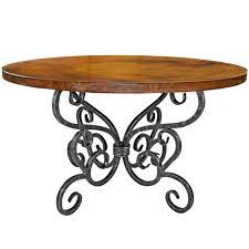 This table features a rectangle tabletop with rounded corners, while four flared bracket legs include architectural support bars and round black feet. Alexander Wrought Iron Dining Table 48in Round Top
