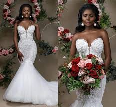 Long mermaid wedding dress with ruffle skirt elegant lace appliques sweetheart wedding gown. Sexy Beaded Lace Mermaid Wedding Dress African Sweetheart Tull Sweep Train Black Girl Plus Size Beach Wedding Gown Buy At The Price Of 354 09 In Aliexpress Com Imall Com