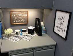 Black And White Office Desk Accessories Chose To Go With Black And White With Accents Of Blue And Metalics Cubicle Decor Office Work Office Decor Office Cube